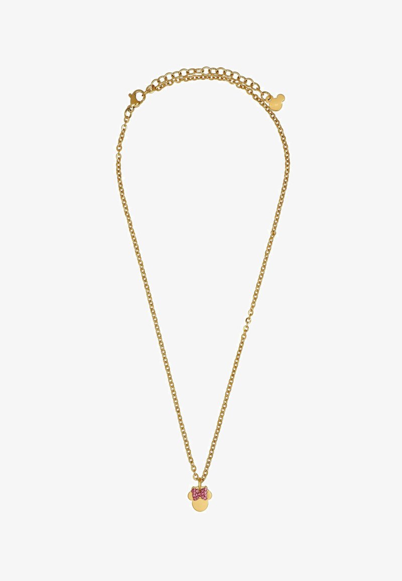 Guldhalsband med ett runt hänge som har en rosa slipsdesign och dekorativa stenar. Kedjan har en justerbar längd.