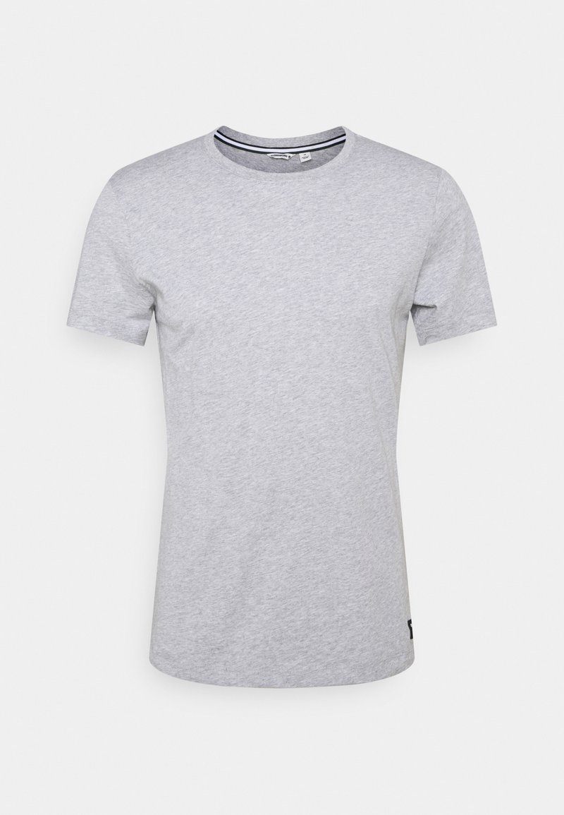 Gray cotton T-shirt with a round neckline, short sleeves, and a subtle texture. Features a contrasting striped accent at the collar.