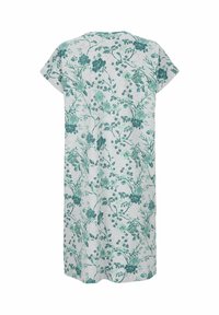 Blommönstrad nattklänning i ljusgrått tyg, med korta ärmar och en lös passform. Grönt och blått dominerar blommönstret.