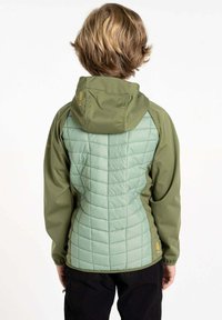 Grüne Softshelljacke mit einem hellgrünen, gesteppten Rücken, in taillierter Form, mit Kapuze und auffälligem Markenlogo in Orange auf der Schulter.