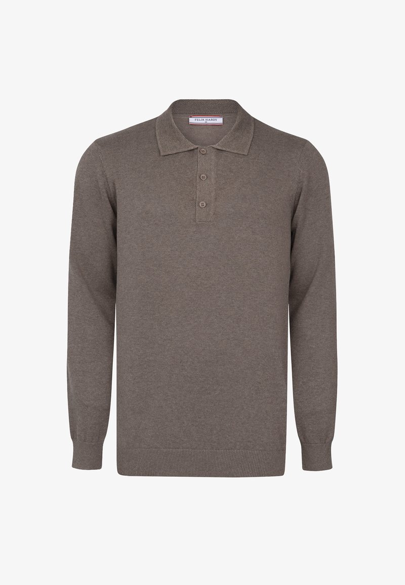 Polo marron en maille à manches longues avec trois boutons et bords-côtes aux poignets et à l'ourlet, étiquette Felix Hardy.