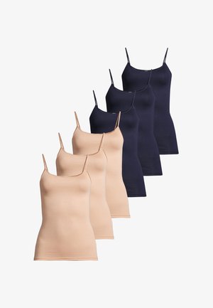 Six débardeurs pour femmes sans manches avec fines bretelles, trois beiges à l’avant et trois bleu foncé à l’arrière, présentés sur un fond blanc.