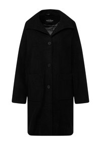 Cappotto in misto lana nero con colletto a punte, chiusura frontale con bottoni e due tasche a toppa. Presenta una linea dritta e una consistenza morbida.