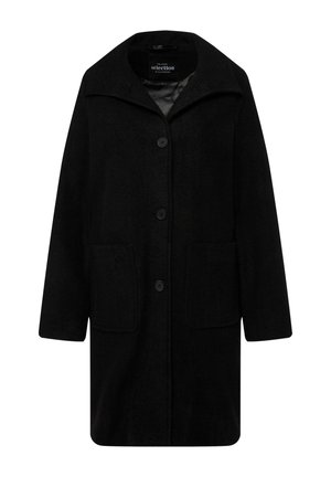 Manteau en mélange de laine noire avec un col cranté, fermeture à boutons sur le devant et deux poches plaquées. Il présente une coupe droite et une texture douce.