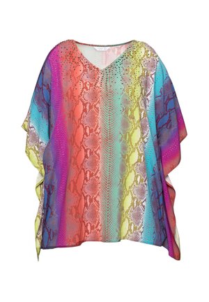 Kleurrijke poncho met slangenhuismotief en v-hals, in blauw, roze, groen en oranje tinten. Lichtgewicht stof met subtiele versieringen.