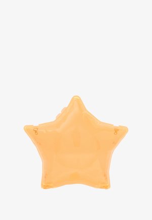 Sternförmiges Etui aus durchscheinendem orangefarbenem Kunststoff, mit glatten Kanten und einem Verschluss. Geeignet zur Aufbewahrung kleiner Gegenstände.