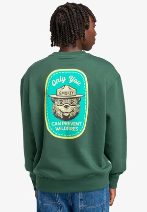 Groene sweatshirt met een afbeelding van een beer die een rangerhoed draagt. Tekst luidt: "Jij alleen kunt bosbranden voorkomen." Ribbelboorden en -zoom.