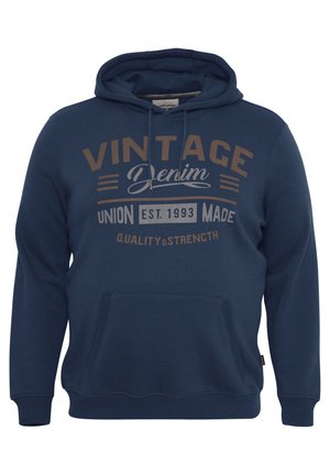 Naviblauer Hoodie aus Baumwollmischung mit Fronttasche, Kordelzugkapuze und grafischem Text im Vintage-Stil in Braun und Creme.