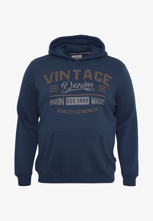 Marineblauwe hoodie van een katoenmix met een vo pocket, een capuchon met trekkoord en vintage-achtige grafische tekst in bruin en crème.