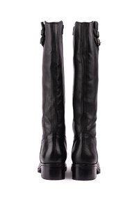 Black leather knee-high boots with a smooth texture, featuring two adjustable buckles, rounded toe, and a block heel.
