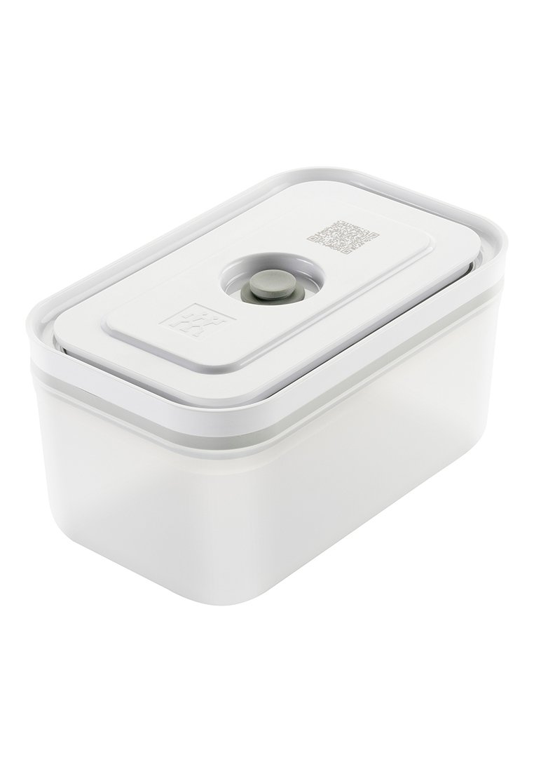 Weißer rechteckiger Lebensmittelbehälter mit grauem Deckel, oberem Belüftungsventil und QR-Code. Hergestellt aus glattem, robustem Kunststoff.