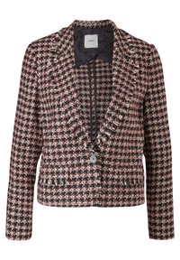 Texturerad kavaj i svart, vitt och rosa tweed med slagkrage, fransade detaljer och en enda knappstängning. Skräddarsydd passform och långa ärmar.