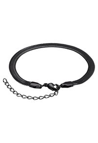 Cintura a catena in metallo nero con un design flessibile, caratterizzata da anelli lisci e una chiusura a gancio, completata da un piccolo prolungamento a catena.