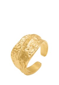 Anello a fascetta dorato con design testurizzato e ondulato. Presenta una parte posteriore aperta per una vestibilità regolabile e una finitura metallica lucida.
