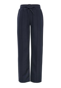 Navyblauwe, ontspannen pasvorm broek met een elastische tailleband en koordje. Voorzien van zijzakken en een gladde textuur. Afgewerkt met subtiele naden.