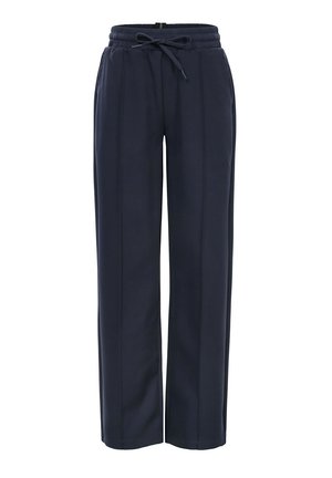 Navyblauwe, ontspannen pasvorm broek met een elastische tailleband en koordje. Voorzien van zijzakken en een gladde textuur. Afgewerkt met subtiele naden.