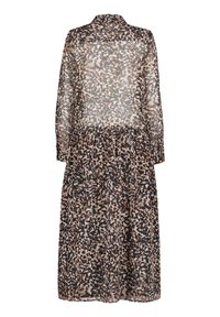 Robe à manches longues, longueur mi-longue, avec un motif abstrait marron, noir et beige, tissu transparent et taille froncée, vue de dos.