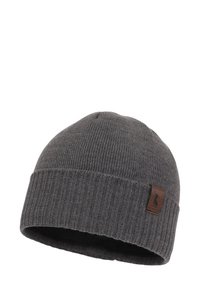 Cappello in maglia grigia a costine con risvolto e patch logo in pelle marrone. Texture morbida e vestibilità aderente per mantenere il calore.