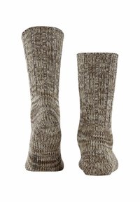 Braune Stricksocken mit einem strukturierten, gerippten Design, das abwechselnd helle und dunkle Fäden für zusätzlichen visuellen Reiz verwendet.