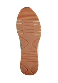 Semelle de chaussure avec une partie inférieure en caoutchouc orange texturé, dotée de rainures horizontales et d'un design moulé. Taille indiquée : 37.