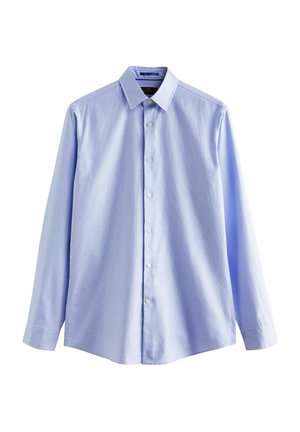 Hellblaue Langarmbluse mit Button-Down-Kragen, aus strukturiertem Stoff, mit einer vorderen Knopfleiste und Einknopfbündchen.