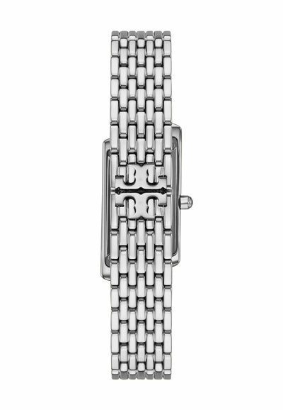 Srebrny zegarek metalowy z prostokątną tarczą i plecionym paskiem. Wyposażony w zapięcie na klamrę oraz gładkie, polerowane wykończenie.