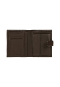 Portafoglio in pelle marrone con più slot per carte, texture liscia, design pieghevole e chiusura a pulsante. Presenta un marchio di protezione RFID.