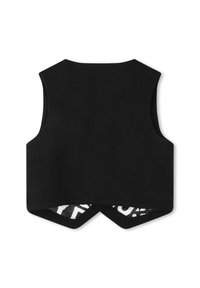 Gilet sans manches noir au design ajusté, en tissu texturé, avec un intérieur à motif contrasté. Présente un ourlet arrondi et sans fermetures.