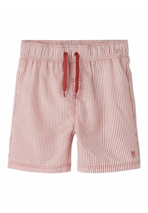 Shorts pour enfants à rayures verticales roses et blanches avec taille élastique et cordons rouges.