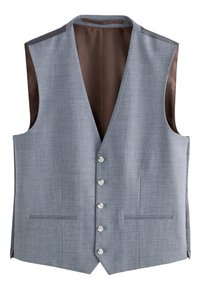 Gilet gris avec un tissu texturé, intérieur en satin assorti et six boutons. Comprend des poches passepoilées et un col en V net.