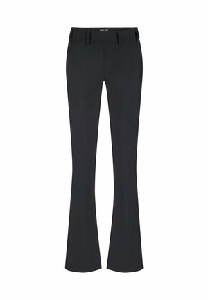 Zwarte flared broek van rekbaar materiaal. Heeft een middelhoge taille en een klassieke tailleband met riemlussen. Gladde textuur, geen zichtbare patronen.