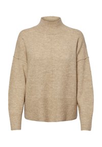 Beżowy sweter typu golf z luźnym krojem, z plisowanymi mankietami i centralnym szwem, wykonany z miękkiej, teksturowanej tkaniny.