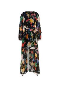 Rochie maxi floral din material transparent negru, cu mâneci lungi, cordon în talie și modele colorate de flori pe întreaga suprafață.