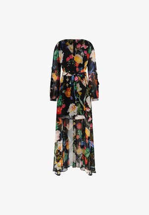Lille mustriga maxi-kleidi, mis on valmistatud läbipaistvast mustast kangast, pikkade varrukate, taljeäärise ja kogu disaini ulatuses lilleliste mustritega.