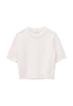 Cream-colored short-sleeve knitted sweater with ribbed crew neck, cuffs, and hem, displayed against a white background.