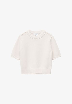 Cream-colored short-sleeve knitted sweater with ribbed crew neck, cuffs, and hem, displayed against a white background.