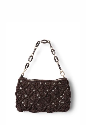 Brown macramé bag with intricate knot pattern. Features a metallic chain handle with circular links and a fabric interior lining.