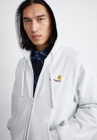 Hoodie gris zippé en tissu doux, doté d'une poche avant, de cordons blancs et d'un logo multicolore sur la poitrine.