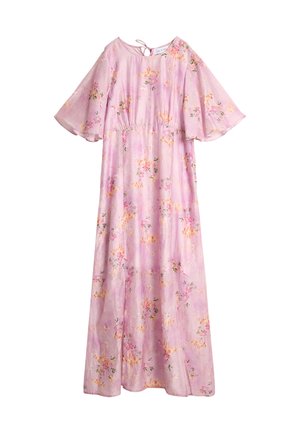 Maxikjole med blomsterprint i lys rosa med korte flagrende ærmer, elastisk liv og nøkkelhullsdetalj på ryggen. Laget av et mykt stoff.