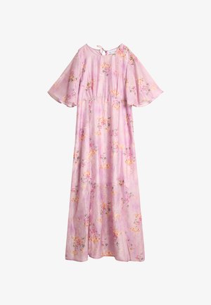 Maxikjole med blomsterprint i lys rosa med korte flagrende ærmer, elastisk liv og nøkkelhullsdetalj på ryggen. Laget av et mykt stoff.