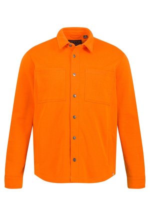 Oranje overhemd met knopen van zacht stof, met twee voorzakken en zilveren knopen, voorzien van een klassieke kraag en lange mouwen.