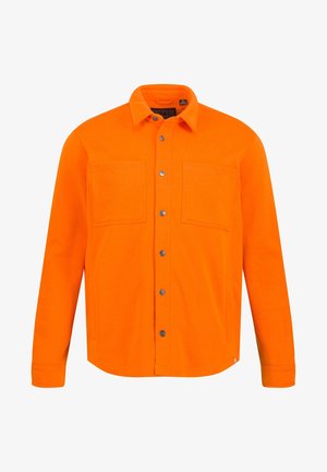 Orange button-up shirt made of soft fabric, featuring two front pockets and silver buttons, with a classic collar and long sleeves.