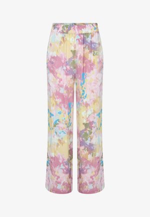 Többszínű nadrág elasztikus derékkal, pasztell árnyalatokban rózsaszín, sárga és kék, puha, texturált anyaggal és absztrakt mintákkal.