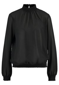 Schwarze Bluse mit langen Ärmeln, hohem gerafftem Kragen und tailliertem, gerafftem Saum. Hergestellt aus leichtem Stoff mit glatter Textur.