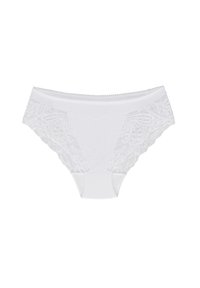 Witte ondergoed met een kantontwerp aan de zijkanten, een gladde stof in het midden en een subtiele elastische tailleband. Klassieke, low-rise snit.