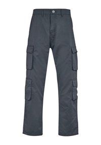 Mørkegrå cargobukser med rette ben, som har flere sidelommer og en frontlukking med knapp. Laget av holdbart stoff.