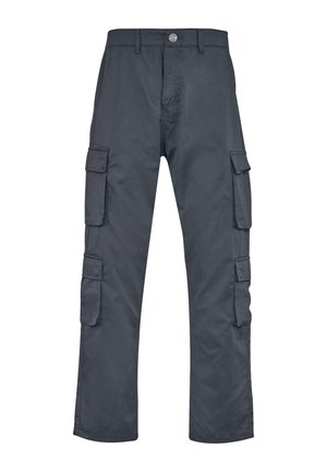 Dark gray cargo pants with a straight-leg design, featuring multiple side pockets and a front button closure. Made from durable fabric.