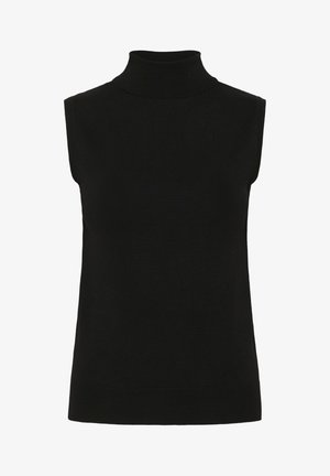 Čierny bezrukávový rolák vyrobený z mäkkého a elastického úpletu. Má vysoký výstrih a rebrový lem na spodnej strane.