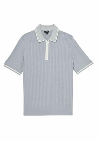 Polo shirt tricotat de culoare albastru deschis cu guler cu fermoar, având textură ribitată și șnur alb pe guler și mâneci. Mâneci scurte.