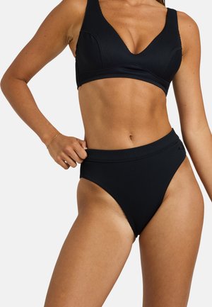 Black ribbed two-piece swim set featuring a v-neck bralette and high-waisted bikini bottom with a smooth texture and minimal hardware details.